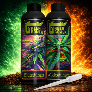 Zwei Flaschen alle von Green Grower Links Blütedünger für die Blütephase rechts Wuchsdünger für Starke Wurzeln und Blätter und eine Dosierpipette