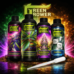 Vier Flaschen Green Grower Dünger von Links nach Rechts Blütedünger, Wuchsdünger, Blüte-Booster, CalMag zusammen mit einer Dosierpipette