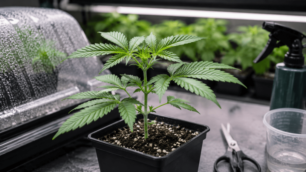 Gesunde junge Cannabis-Pflanze nach dem Umtopfen unter LED-Licht