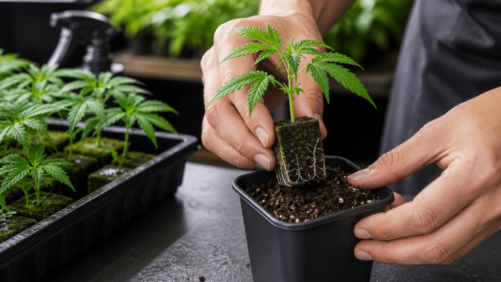 Bewurzelter Cannabis-Steckling wird vorsichtig in Erde umgetopft